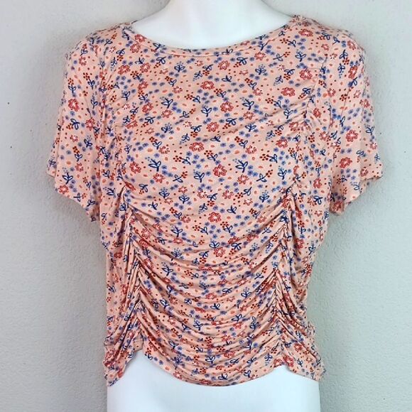 Floral Ruched Women's Short Sleeve Top - Pink and Blue Sz XL Boho - Picture 1 of 10